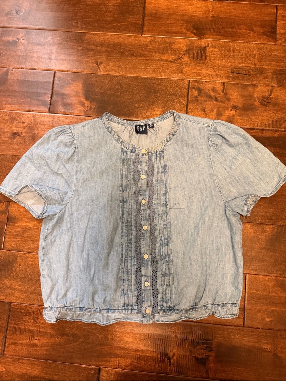 GAP Light Denim Button Front Puff Sleeve Top